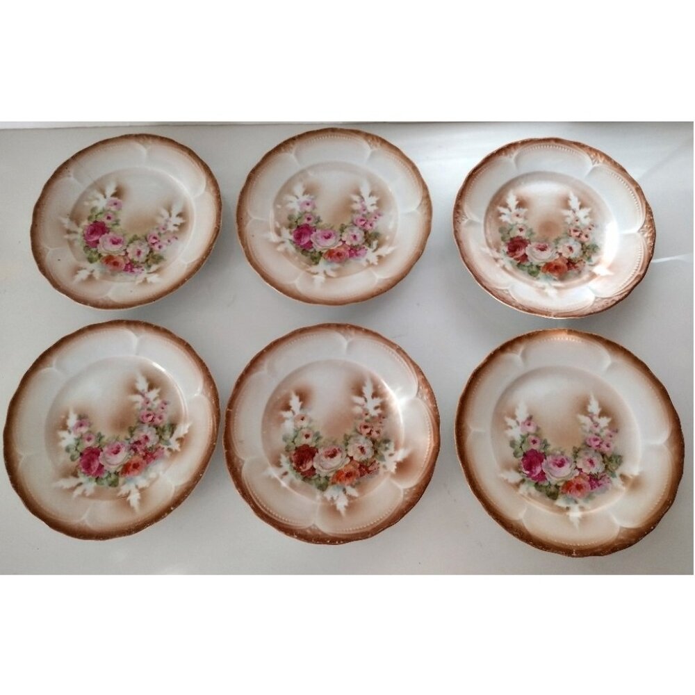 6 Antique Plates Hand Painted 7 Inch Pink Flowers Soft Brown Rim Porcelain China